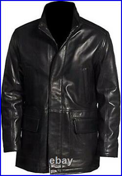 Men's Black Trench Winter Coat Real Sheepskin Leather Jacket