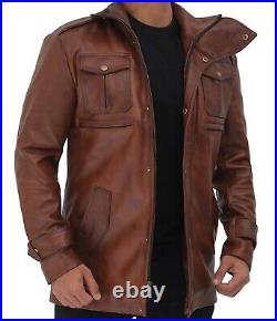 Men's Brown Waxed Genuine Sheepskin Leather Three Quarter Coat