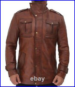 Men's Brown Waxed Genuine Sheepskin Leather Three Quarter Coat