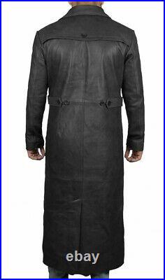 Men's Long Full Length Black Leather Button Front Trench Over coat Duster Jacket