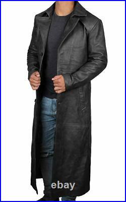Men's Long Full Length Black Leather Button Front Trench Over coat Duster Jacket