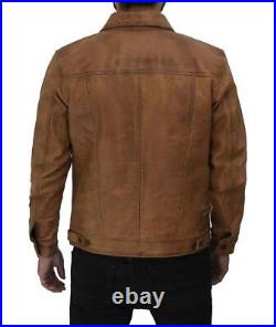 Mens Slim fit Brown Trucker Genuine Sheepskin Leather Jacket