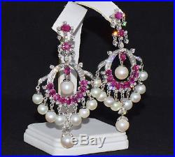 Natural 89Cts VS F Diamond Ruby South Sea Pearl 18K Solid Gold Dangle Earrings