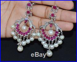 Natural 89Cts VS F Diamond Ruby South Sea Pearl 18K Solid Gold Dangle Earrings