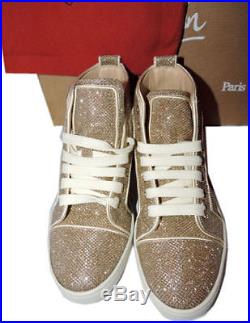 New 34 Christian Louboutin Gold Glitter Sneakers High Top Athletic Shoe Luminor