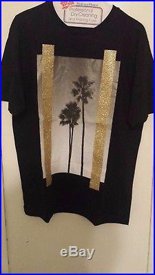 Palm Angels Black Palm Tree Print T Shirt with Gold Glitter strips NWT LA Medium