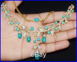 Rare Natural 48.6Cts VS F Diamond Turquoise 18K Solid Gold Necklace Earrings Set