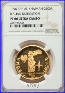 Ras Al-khaimah, Gold 100 Riyals 1970 Italian Unification Ngc Pf 66 Uc, Rare3