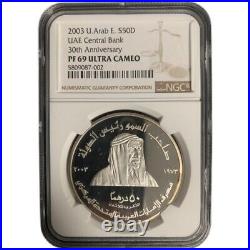 UAE 50 Dirham 2003 Silver NGC PF69 UC Central Bank 30th Anniversary