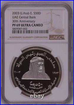 UAE 50 Dirham 2003 Silver NGC PF69 UC Central Bank 30th Anniversary