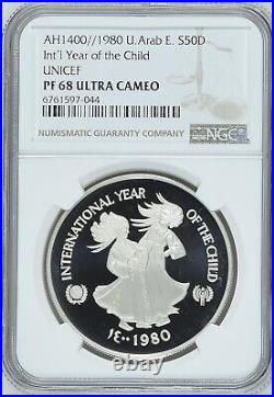 UAE 50 Dirhams 1980 AH1400 Silver NGC PF68 UNICEF Year of The Child