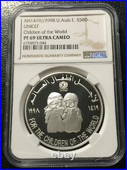 UAE 50 Dirhams 1998 Silver Proof coin NGC PF69UC UNICEF Scarce in 69 grade