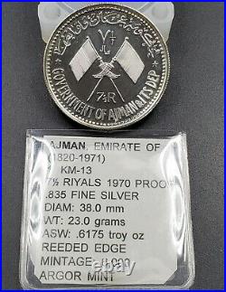 UAE AJMAN 7 1/2 RIYALS 1970 NASSER SILVER COMMEMORATIVE KM-13 Choice PROOF