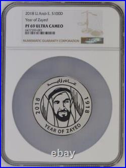 UAE United Arab Emirates 2018 NGC PF 69 UC Year Of Zayed Silver 100 Dirhams