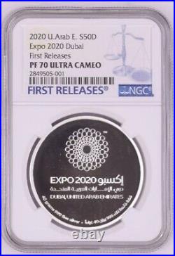 UAE United Arab Emirates EXPO 2020 DUBAI NGC PF 70 UC FIRST RELEASES Silver 50AE