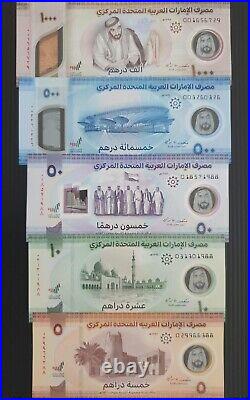 UAE United Arab Emirates New Polymer 1000+500+50+10+5 Dirhams 2021-2023 UNC PMG