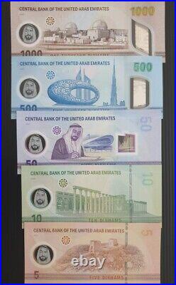 UAE United Arab Emirates New Polymer 1000+500+50+10+5 Dirhams 2021-2023 UNC PMG