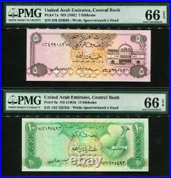 United Arab Emirates 1982, 5 / 10 Dirhams, P7-8a, 2PCS PMG 66 EPQ GEM UNC