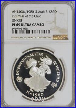 United Arab Emirates, Silver 50 Dirhams 1980 Child Unicef Ngc Pf 69 Uc, Rarev