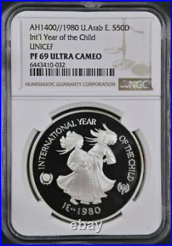 United Arab Emirates, Silver 50 Dirhams 1980 Child Unicef Ngc Pf 69 Uc, Rarew