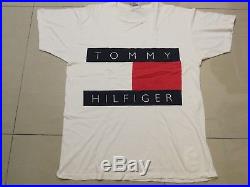Vtg Tommy Hilfiger Big Logo Flag L Large Shirt Blue White Spell Out Block Red