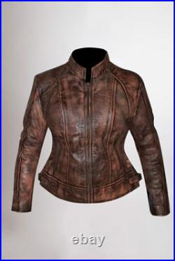 Womens Biker Motorcycle Vintage Wax Brown Real Leather Jacket