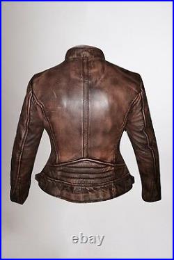 Womens Biker Motorcycle Vintage Wax Brown Real Leather Jacket
